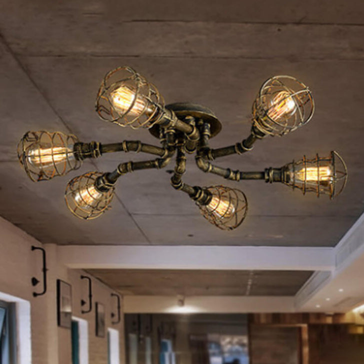 RustiBeam Industrielle Vintage Deckenleuchte | 4/6/8 Lichter | Wasserrohr-Design aus Eisen