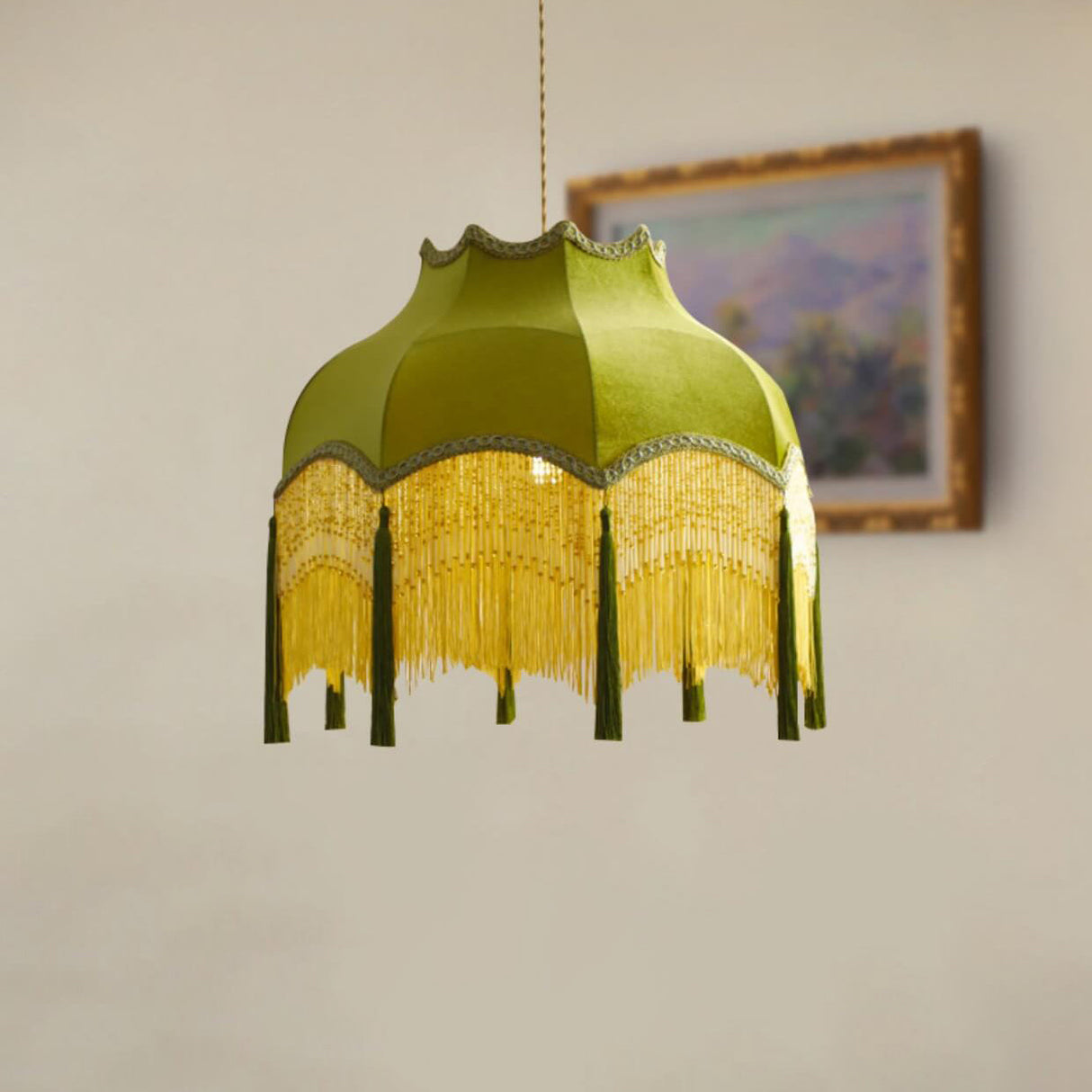 TasselLume Französische Pendelleuchte | Stofflampenschirm mit Fransen | 1-flammig | Vintage Messing-Design für Esszimmer & Wohnzimmer