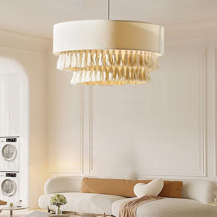 BohoLuma Kronleuchter | Stoffzylinder-Schirm | Geflochtenes Seil & Quasten | 3-flammige Beleuchtung für Wohnzimmer