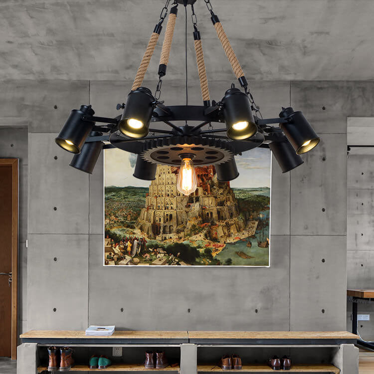 GearLume Retro Industrial Kronleuchter | Eisen-Design | Hanfseil-Lampen | 6/8/10 Leuchten | Vintage Beleuchtung