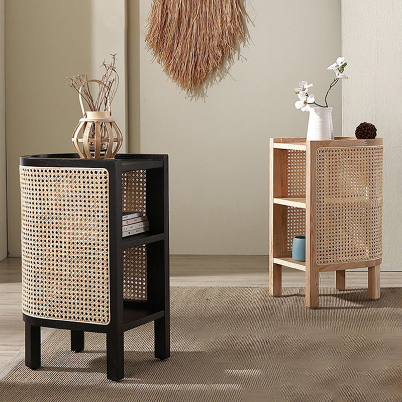 ZenovaSphere Halb-Oval Nachttisch | Holz & Rattan Design | 3 Ebenen | Stauraumwunder für Schlafzimmer