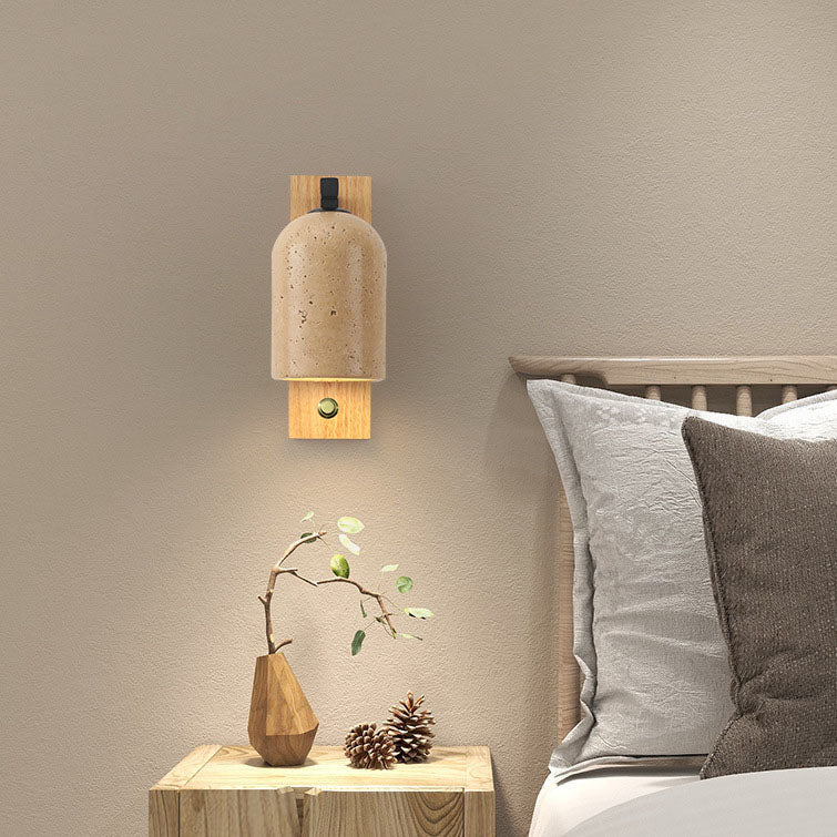 ZenLume Japanische Vintage Wandleuchte | Steinzylinder & Holzsockel | 1-Licht Wandlampe | Elegantes Design