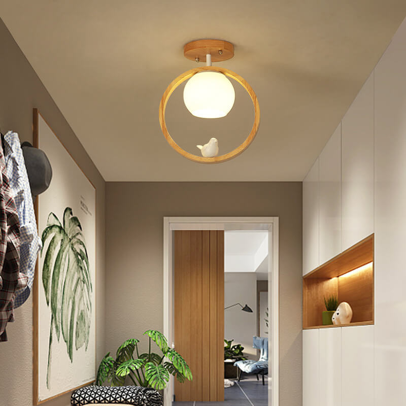 NaturaBird Minimalistische Japanische LED Deckenleuchte | Holzdesign | Runde Semi-Flush Beleuchtung | Elegantes Wohnambiente
