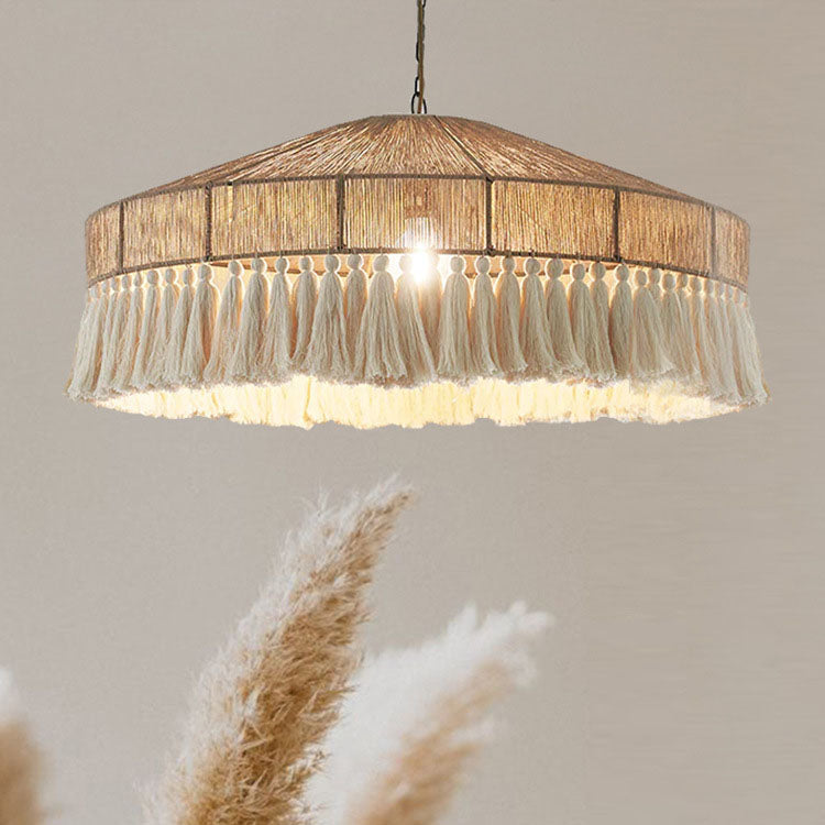 TasselLoom Pendelleuchte im Boho-Stil | Runde Leinen-Tassel-Optik | 1 Licht | Perfekt für Esszimmer