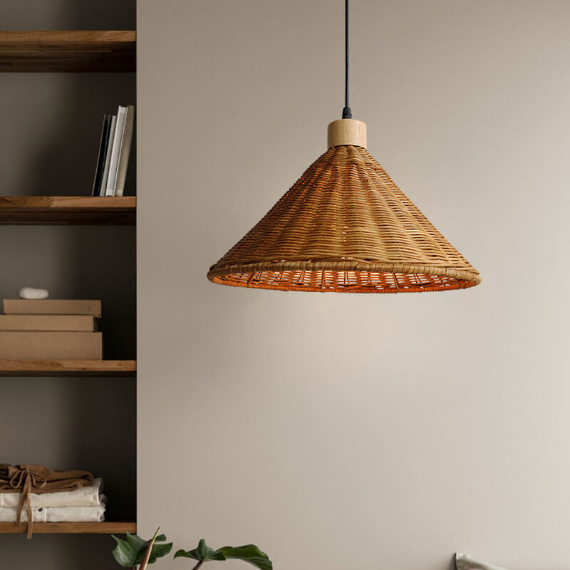 RattaLuxe Pendelleuchte | Vintage Wabi-Sabi Design | Rattan-Kegelschirm | 1-Licht