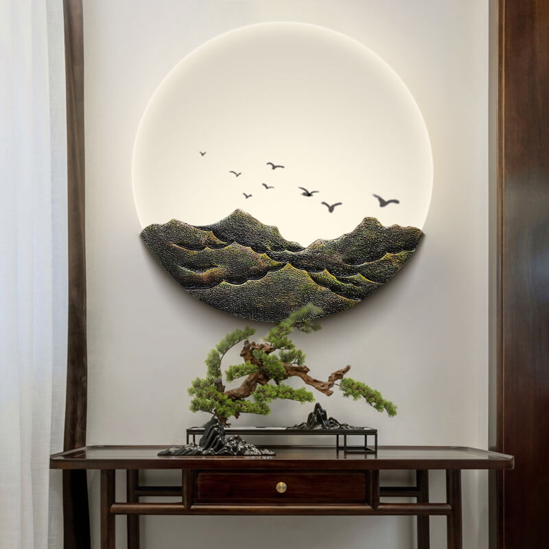 MountainGlow Chinesische Wandleuchte | 3D-Resin-Bergskulptur & Acryl | Runde LED-Lampe | Klassisches Design für Wohnzimmer & Flur