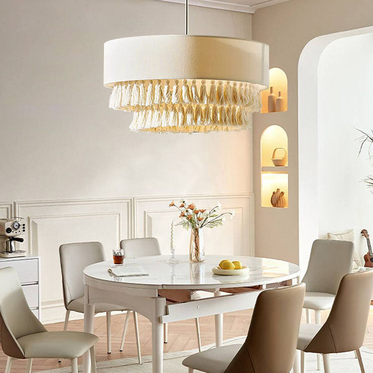 BohoLuma Kronleuchter | Stoffzylinder-Schirm | Geflochtenes Seil & Quasten | 3-flammige Beleuchtung für Wohnzimmer