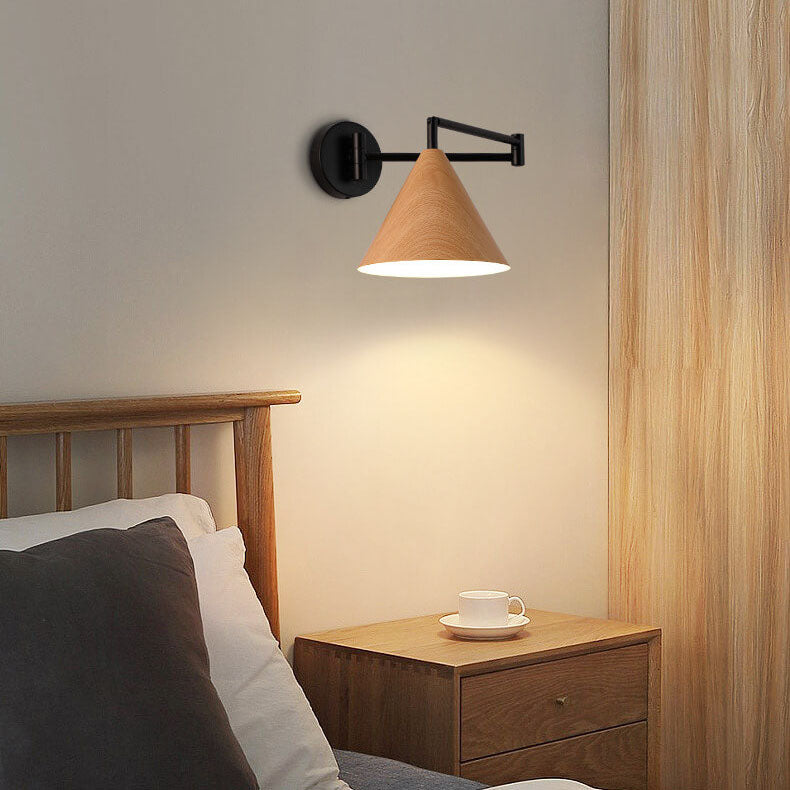 LumoNordic Minimalist Cone Swing Arm LED Wandlampe | Holzmaserung | Flexibler Schwenkarm | Stimmungslicht | Deko für Zuhause