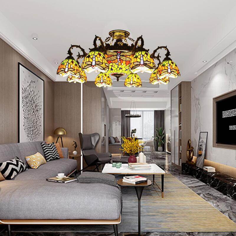 Celestoria Tiffany Deckenleuchte | Retro Barock Design | Buntglas | 11-Licht Halbeinbauleuchte