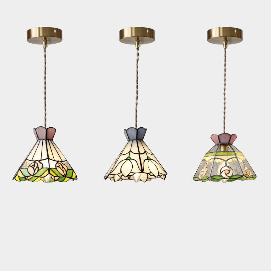 Roselume Tiffany Pendelleuchte | Vintage Rosenmotiv | Buntglas Kegelform | 1-Licht Hängelampe