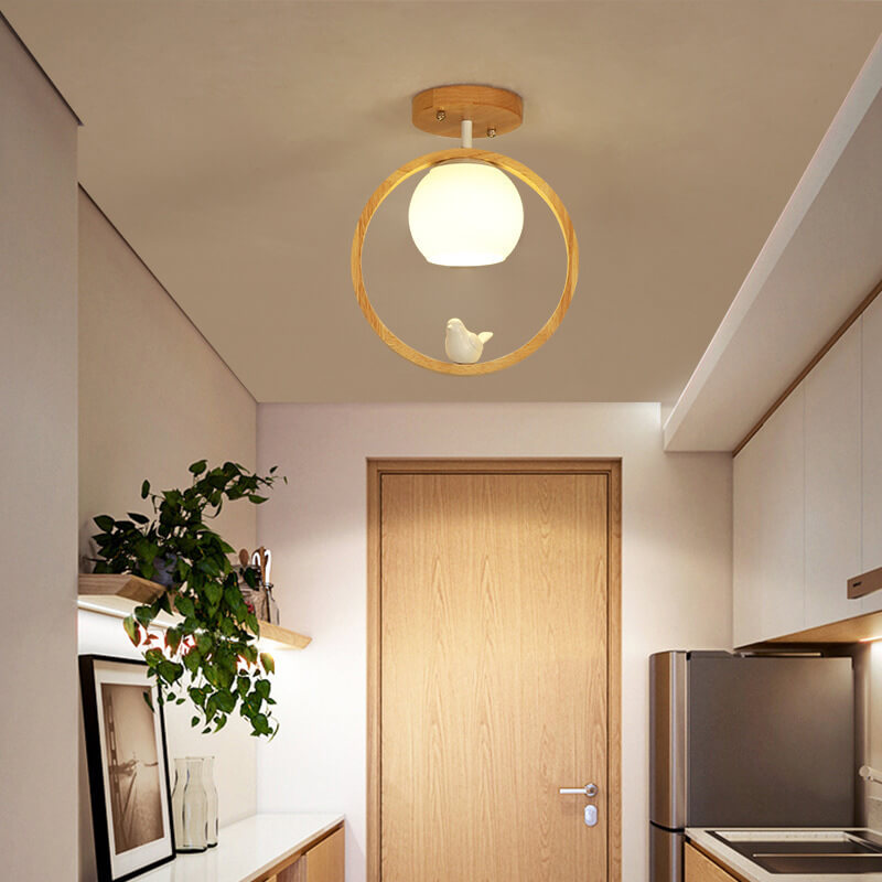 NaturaBird Minimalistische Japanische LED Deckenleuchte | Holzdesign | Runde Semi-Flush Beleuchtung | Elegantes Wohnambiente
