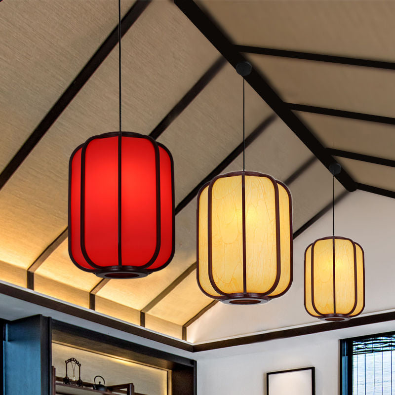 LuxoraChic Modernes Chinesisches Design Pendelleuchte | Faux-Schaffell | Holz-Laterne | LED-Beleuchtung für Zuhause