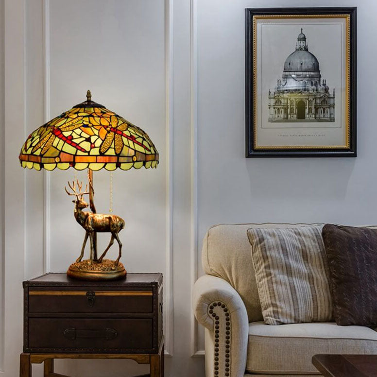 LustraVine Tiffany Tischlampe | Vintage Stil | Buntglas Libelle | 2-Licht Dekoleuchte