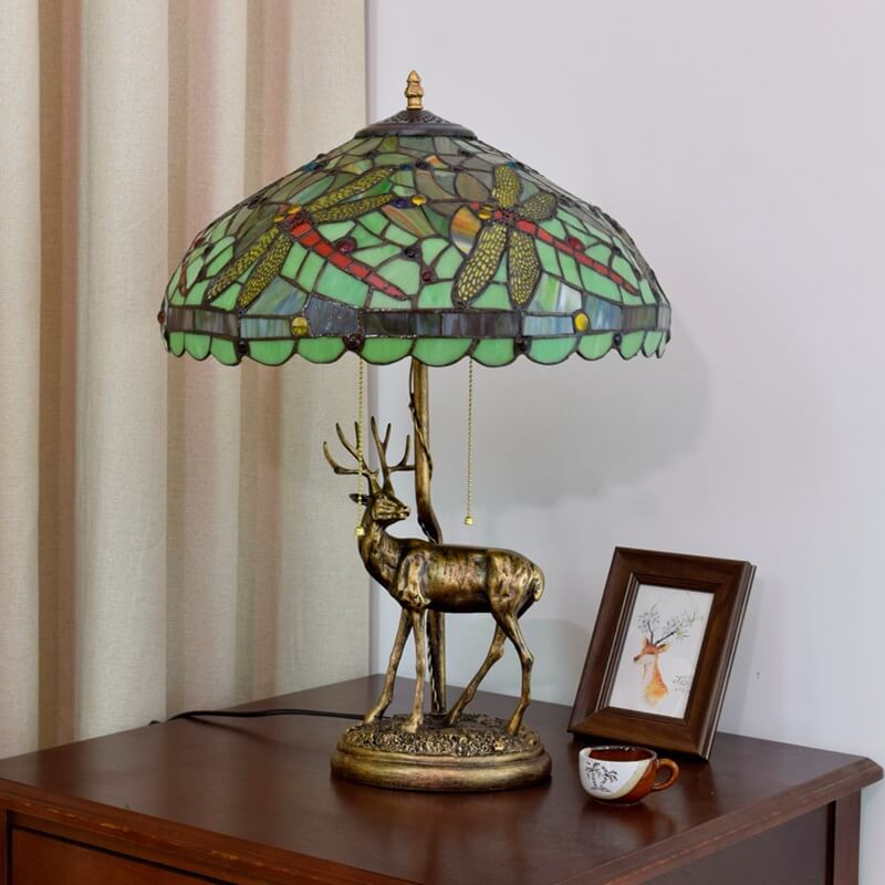 LustraVine Tiffany Tischlampe | Vintage Stil | Buntglas Libelle | 2-Licht Dekoleuchte