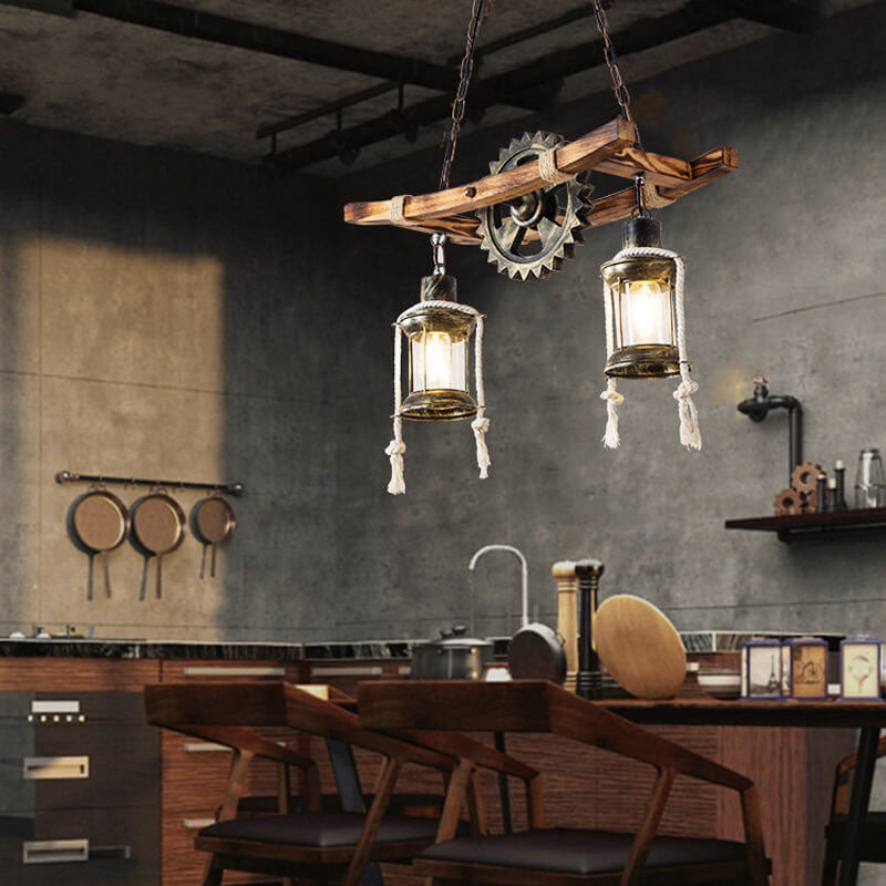 RustiLume Industrial Kronleuchter | Vintage Holz & Metall | 2-Licht Inselleuchte