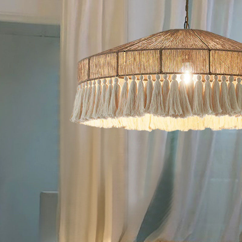 TasselLoom Pendelleuchte im Boho-Stil | Runde Leinen-Tassel-Optik | 1 Licht | Perfekt für Esszimmer