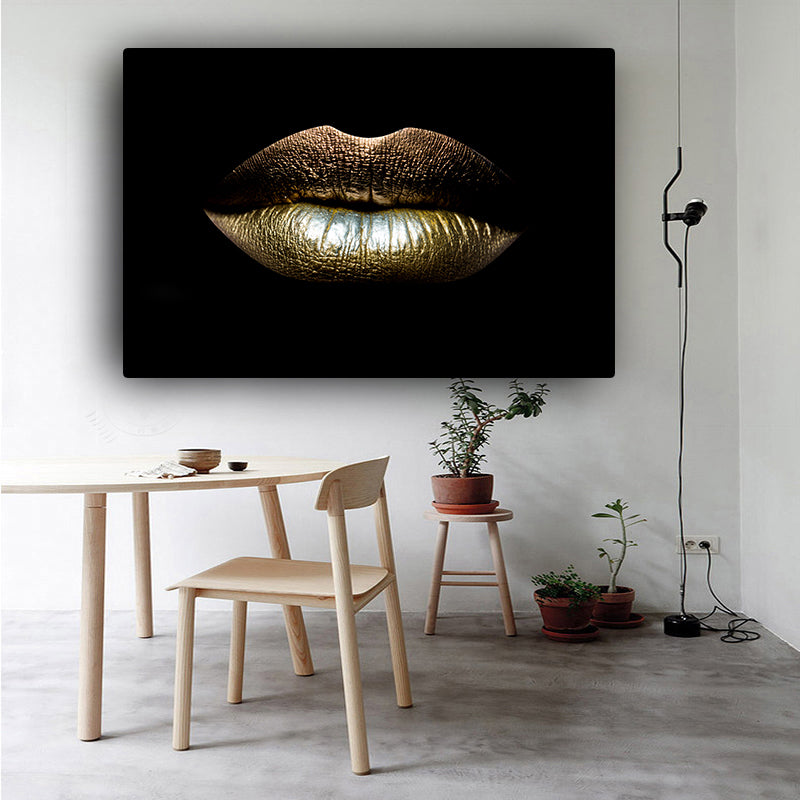 LuxeLips Goldene Lippen Leinwanddruck | Glamouröse Wandkunst | Elegante Deko für Zuhause