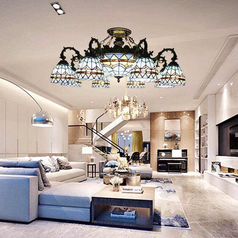 Celestoria Tiffany Deckenleuchte | Retro Barock Design | Buntglas | 11-Licht Halbeinbauleuchte