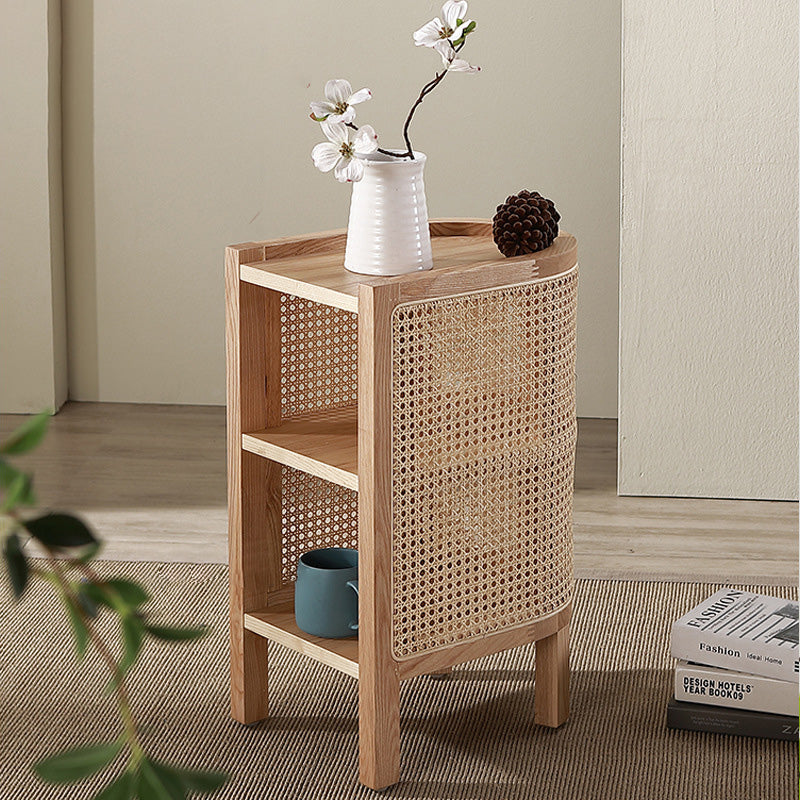 ZenovaSphere Halb-Oval Nachttisch | Holz & Rattan Design | 3 Ebenen | Stauraumwunder für Schlafzimmer