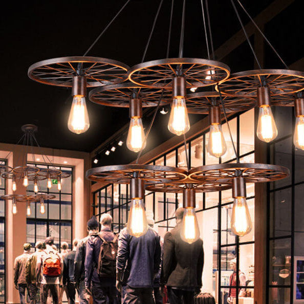 Rustiron Kronleuchter | Industrielles Design mit Eisenrädern | 1/3/6-flammig | Loft- und Wohnraum-Beleuchtung