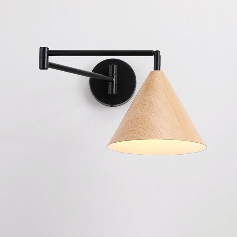 LumoNordic Minimalist Cone Swing Arm LED Wandlampe | Holzmaserung | Flexibler Schwenkarm | Stimmungslicht | Deko für Zuhause