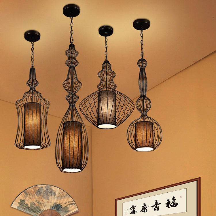 CageCraft Industrial Pendelleuchte | Eisen-Käfig Design | Stoffschirm | Wohnzimmerlicht