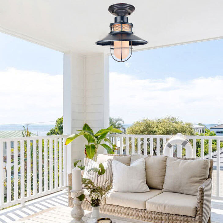 AquaGleam Außen Deckenleuchte | Wasserdicht | Frostglas & Eisen | Semi-Aufbau-Montage