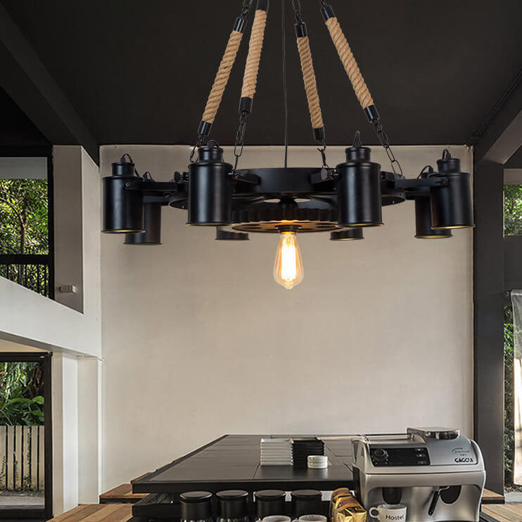 GearLume Retro Industrial Kronleuchter | Eisen-Design | Hanfseil-Lampen | 6/8/10 Leuchten | Vintage Beleuchtung
