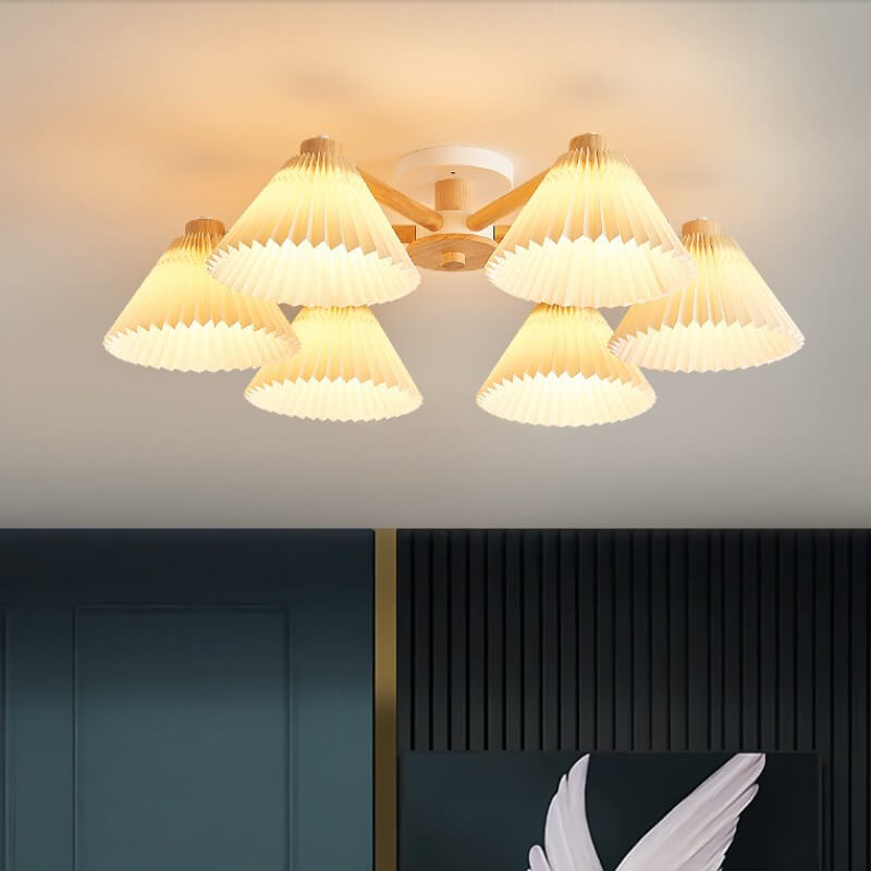 LumiPlea Nordic Holz Deckenleuchte | Plissee-Schirm | 3/6/8-Licht Halbrunde Deckenlampe