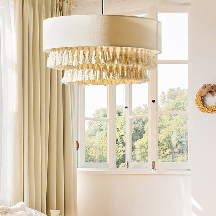 BohoLuma Kronleuchter | Stoffzylinder-Schirm | Geflochtenes Seil & Quasten | 3-flammige Beleuchtung für Wohnzimmer