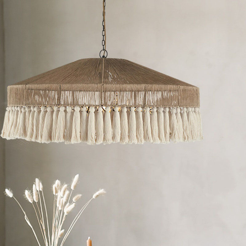 TasselLoom Pendelleuchte im Boho-Stil | Runde Leinen-Tassel-Optik | 1 Licht | Perfekt für Esszimmer