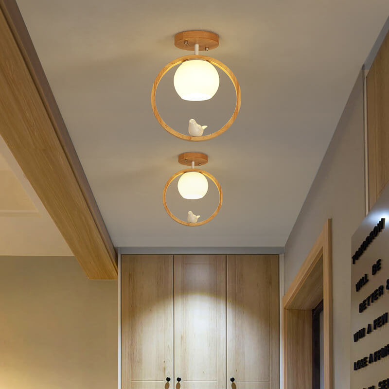 NaturaBird Minimalistische Japanische LED Deckenleuchte | Holzdesign | Runde Semi-Flush Beleuchtung | Elegantes Wohnambiente