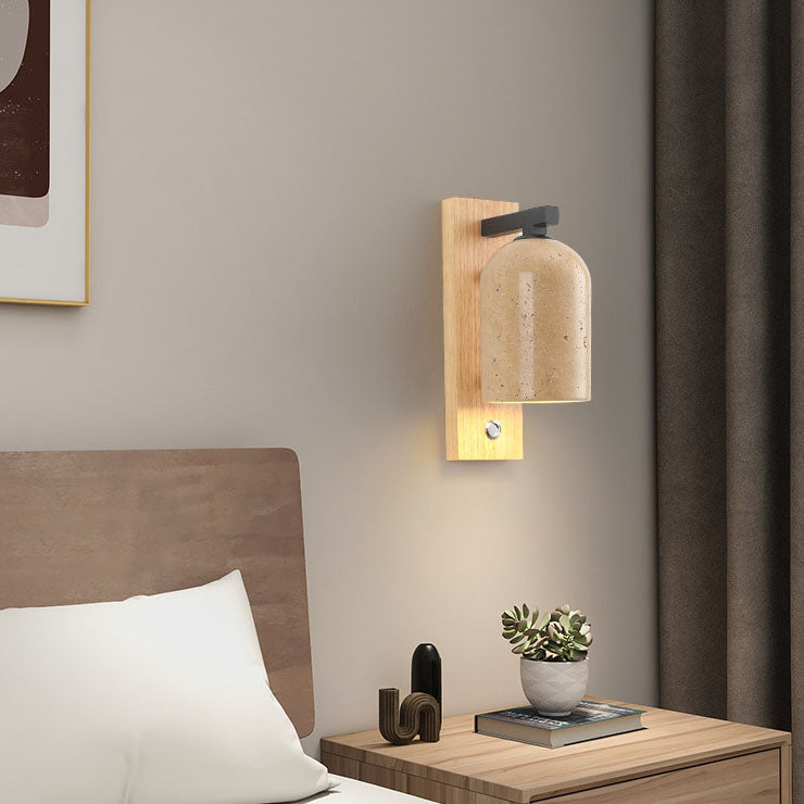 ZenLume Japanische Vintage Wandleuchte | Steinzylinder & Holzsockel | 1-Licht Wandlampe | Elegantes Design