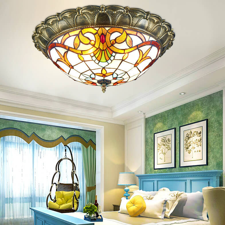 Tiffanara Runde LED Deckenleuchte | Buntglasdesign | Vintage-Stil | Warmes & Weißes Licht