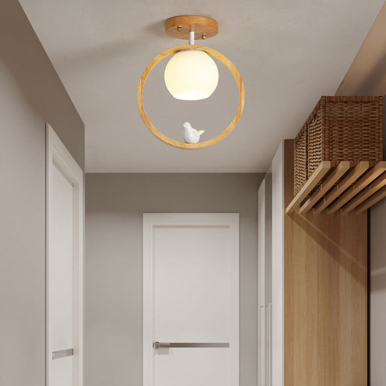 NaturaBird Minimalistische Japanische LED Deckenleuchte | Holzdesign | Runde Semi-Flush Beleuchtung | Elegantes Wohnambiente