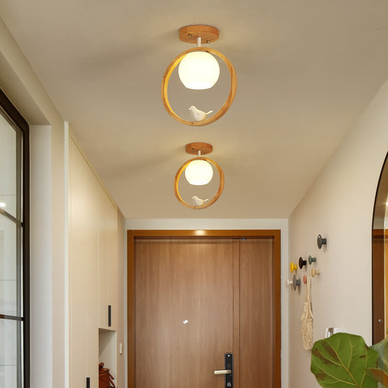 NaturaBird Minimalistische Japanische LED Deckenleuchte | Holzdesign | Runde Semi-Flush Beleuchtung | Elegantes Wohnambiente