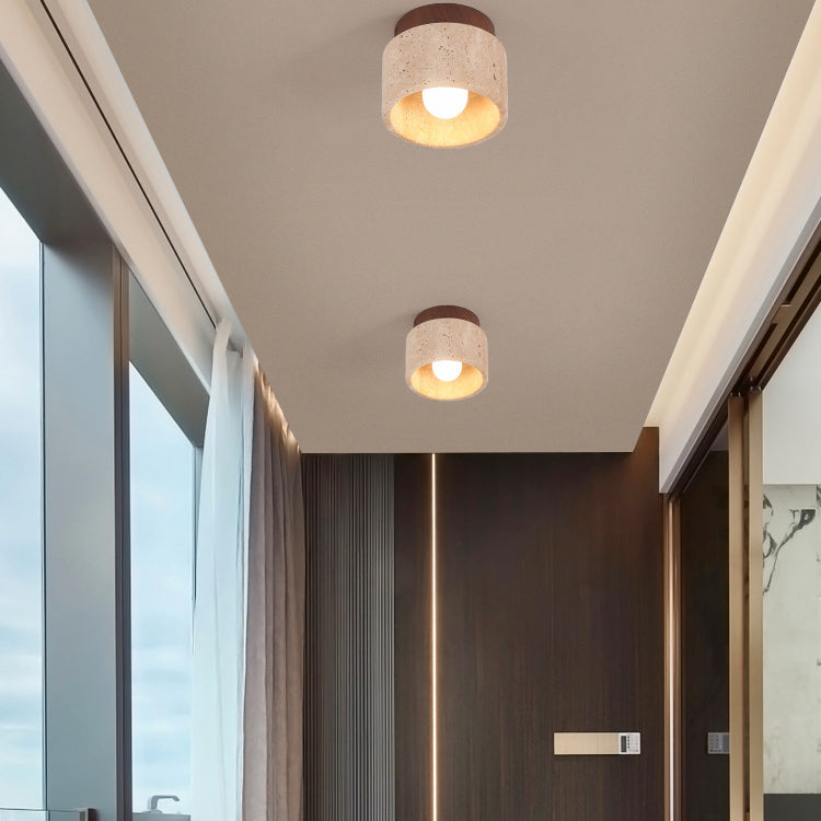 LumiCraft Japanisches Wabi-Sabi Säulen-Deckenlicht | Travertin & Holz | Semi-flächenbündige Montage