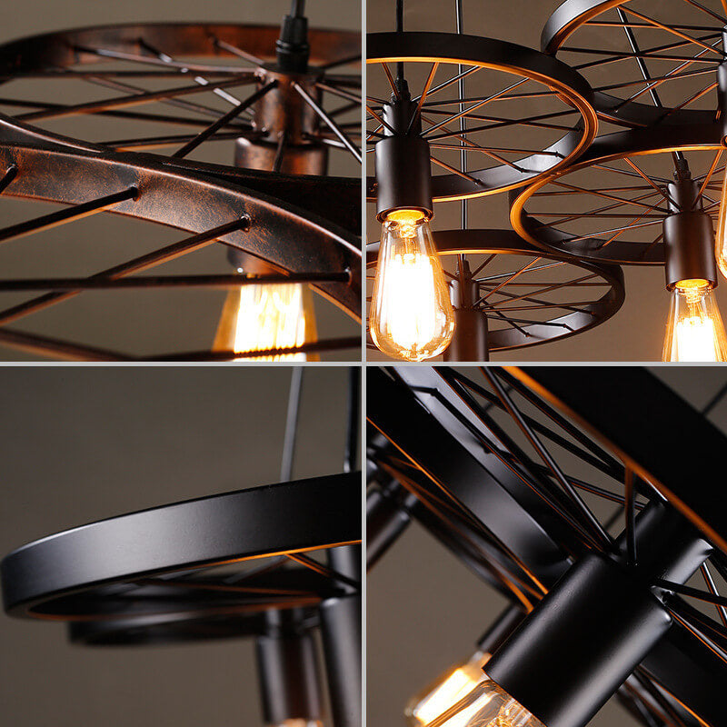 Rustiron Kronleuchter | Industrielles Design mit Eisenrädern | 1/3/6-flammig | Loft- und Wohnraum-Beleuchtung