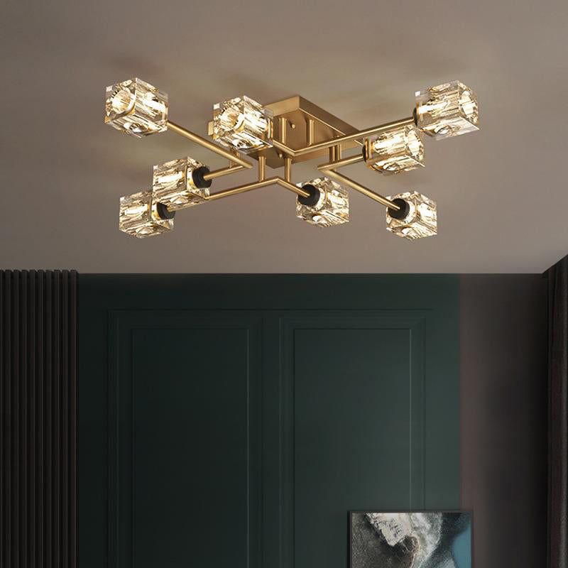 LustreVance Luxus Kupfer Kristall Deckenleuchte | Rechteckig | 4/6/8 Licht | Für Wohnzimmer