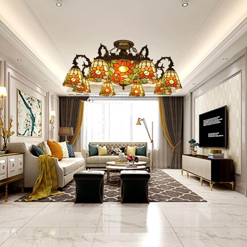 Celestoria Tiffany Deckenleuchte | Retro Barock Design | Buntglas | 11-Licht Halbeinbauleuchte