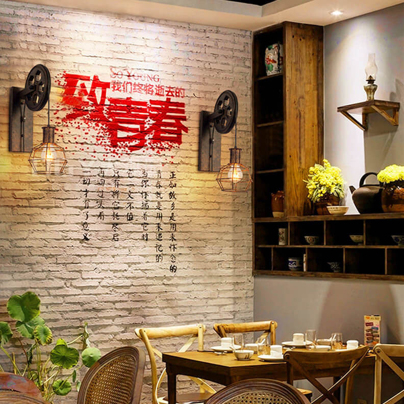 PulleyLux Vintage Industrielle Wandlampe | Mit Seilzug | 1-flammig | Retro Design