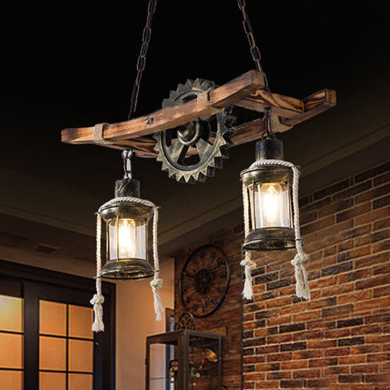 RustiLume Industrial Kronleuchter | Vintage Holz & Metall | 2-Licht Inselleuchte