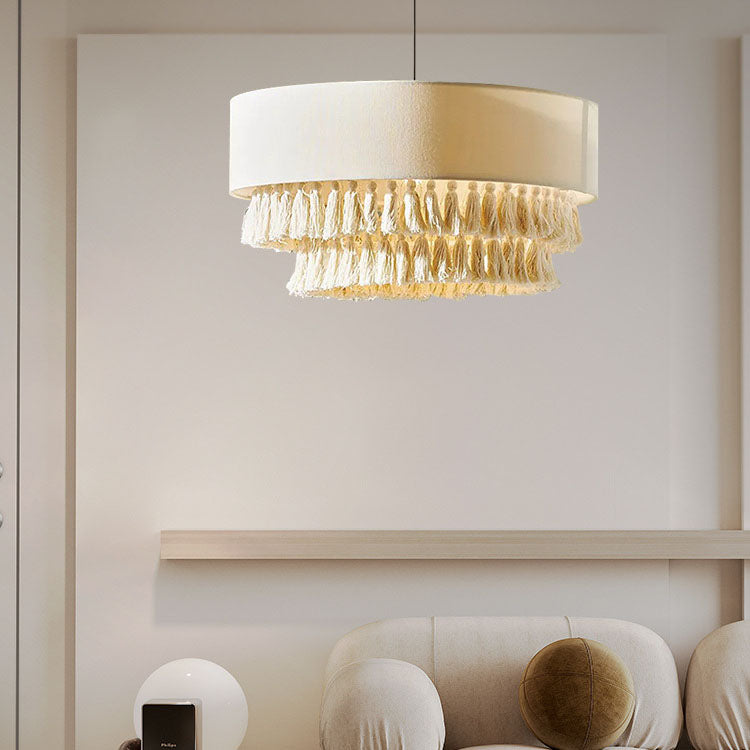 BohoLuma Kronleuchter | Stoffzylinder-Schirm | Geflochtenes Seil & Quasten | 3-flammige Beleuchtung für Wohnzimmer