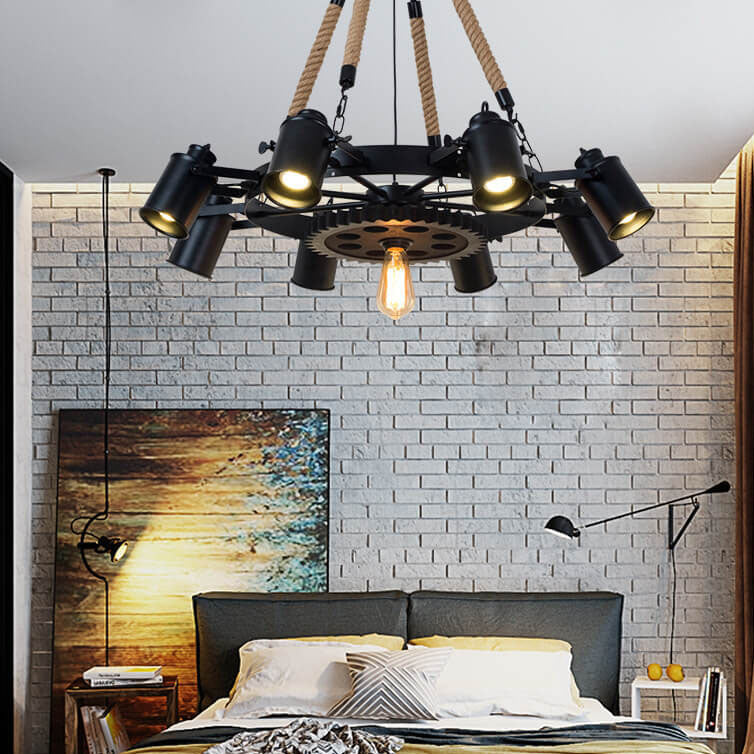 GearLume Retro Industrial Kronleuchter | Eisen-Design | Hanfseil-Lampen | 6/8/10 Leuchten | Vintage Beleuchtung