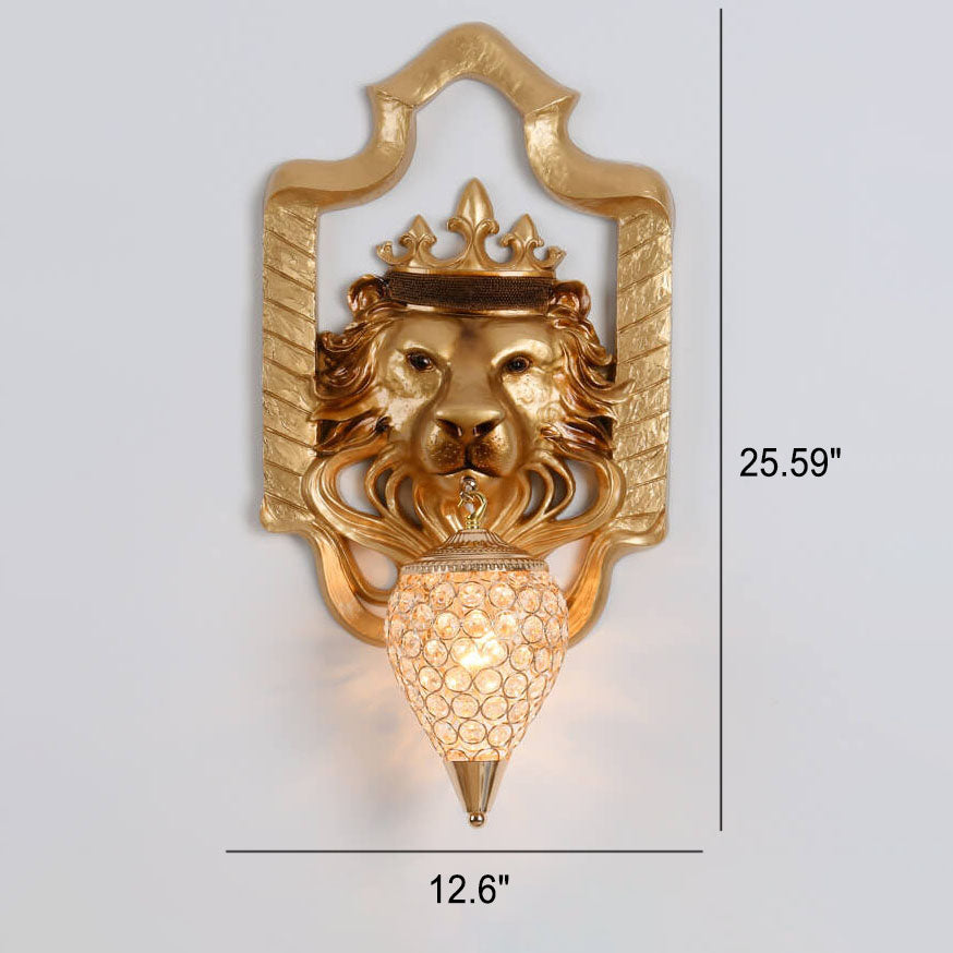 Regalia Luxe Löwenkopf Wandlampe | Vintage Laterne | Harz & Kristall | 1 Licht | Elegantes Design