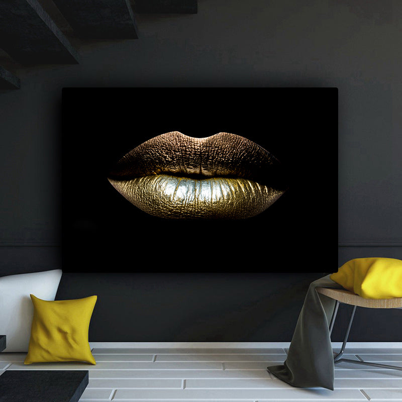 LuxeLips Goldene Lippen Leinwanddruck | Glamouröse Wandkunst | Elegante Deko für Zuhause