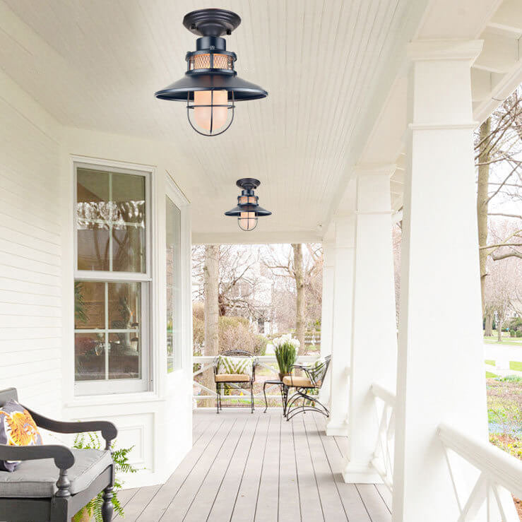 AquaGleam Außen Deckenleuchte | Wasserdicht | Frostglas & Eisen | Semi-Aufbau-Montage