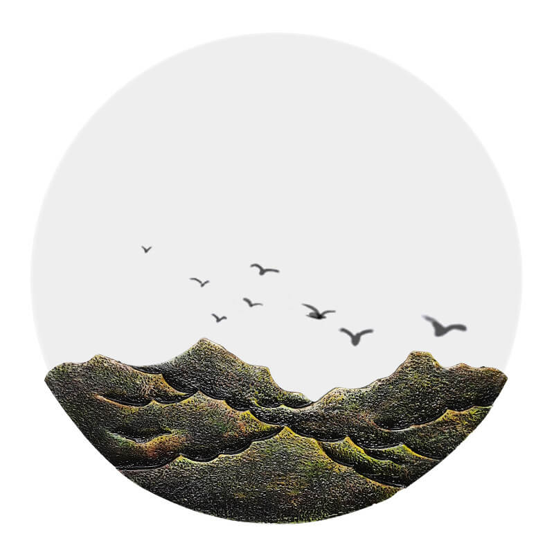 MountainGlow Chinesische Wandleuchte | 3D-Resin-Bergskulptur & Acryl | Runde LED-Lampe | Klassisches Design für Wohnzimmer & Flur