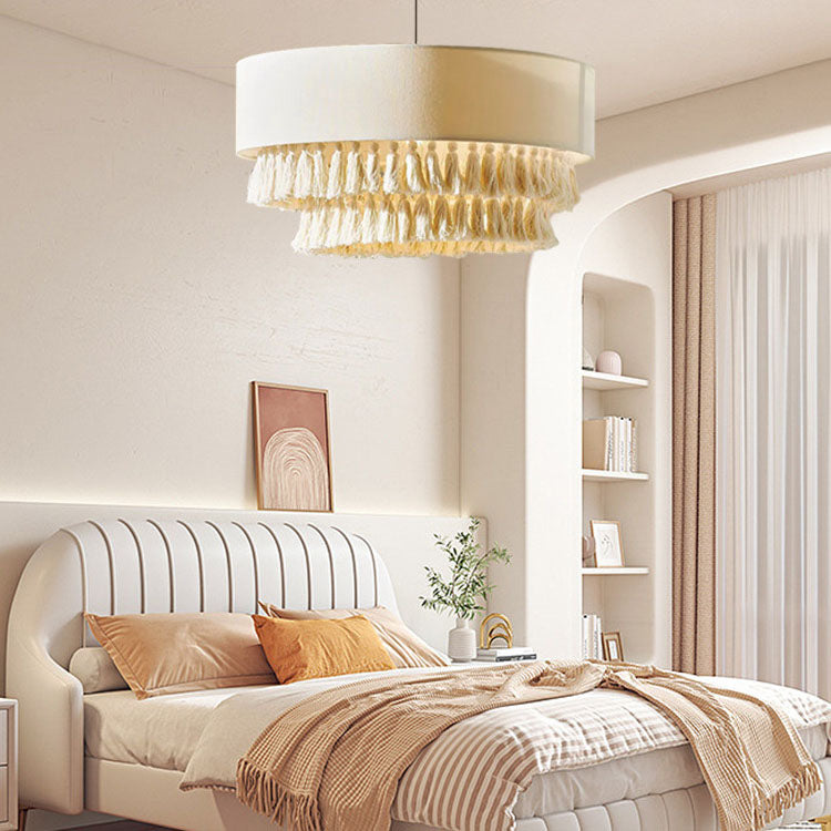 BohoLuma Kronleuchter | Stoffzylinder-Schirm | Geflochtenes Seil & Quasten | 3-flammige Beleuchtung für Wohnzimmer