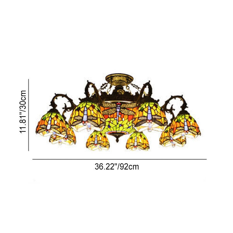 Celestoria Tiffany Deckenleuchte | Retro Barock Design | Buntglas | 11-Licht Halbeinbauleuchte